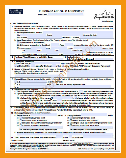 The Georgia Real Estate Contract for 2018